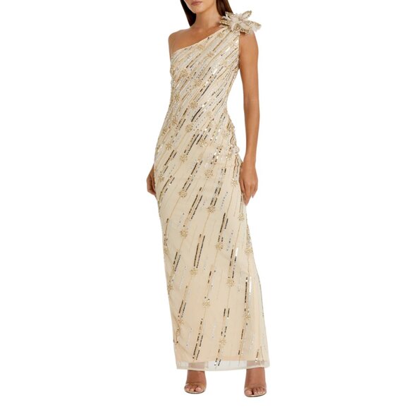 Mac Duggal 93739 Womens Size 6 Gold Floral One Shoulder Flower Gown Maxi Dress - Picture 2 of 4